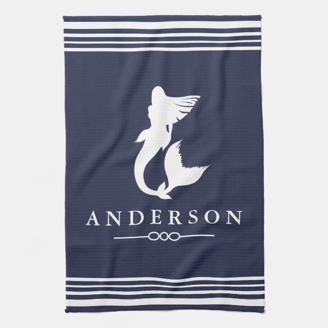 Nautical Mermaid White Stripes & Navy Kitchen Towel (Vertical)