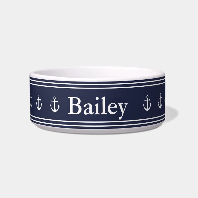 Nautical Midnight Blue White Anchors & Name Pet Bowl (Front)