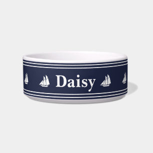 Nautical Midnight Blue & White Pet Name Sailboats Bowl
