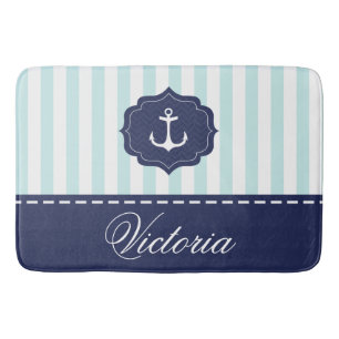 Nautical Mint Navy Blue Anchor Custom Name Bath Mat