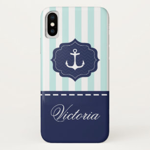 Nautical Mint Navy Blue Anchor Custom Name Case-Mate iPhone Case