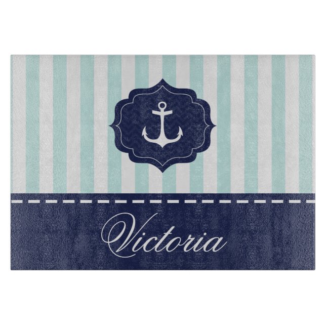Nautical Mint Navy Blue Anchor Custom Name Cutting Board (Front)