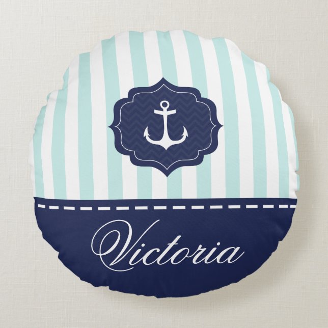 Nautical Mint Navy Blue Anchor Custom Name Round Pillow (Front)
