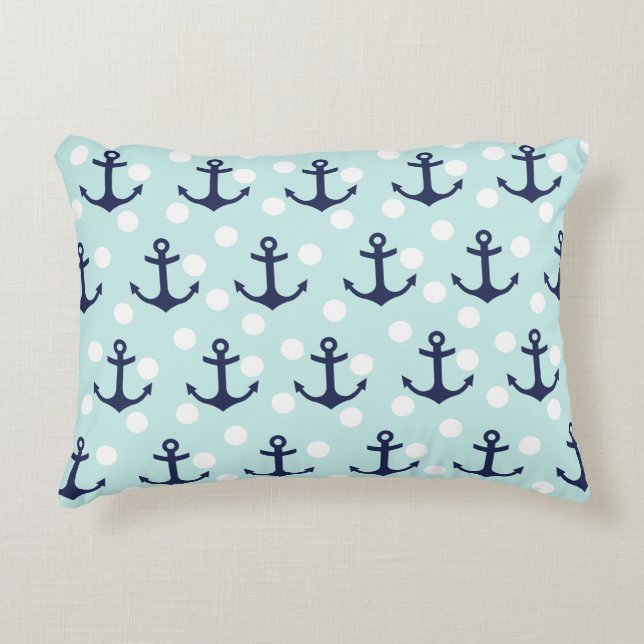 Nautical Mint Polka Dots And Navy Blue Anchors Accent Pillow (Front)
