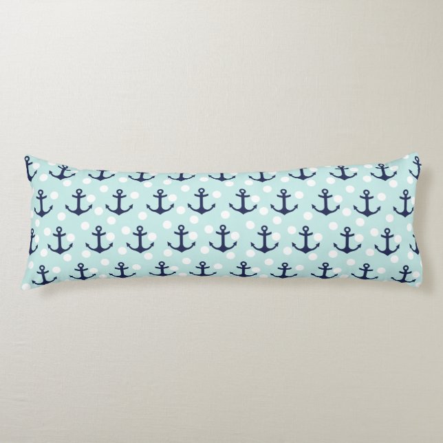 Nautical Mint Polka Dots And Navy Blue Anchors Body Pillow (Front)