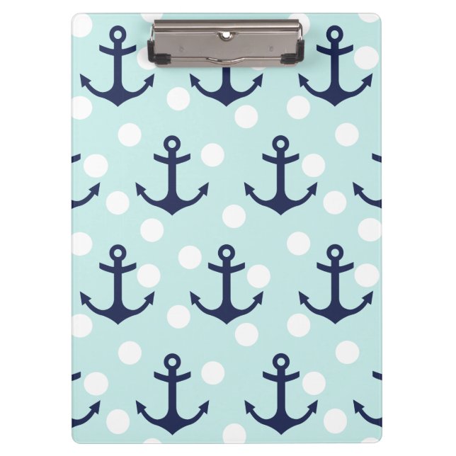Nautical Mint Polka Dots And Navy Blue Anchors Clipboard (Front)