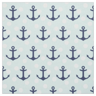 Nautical Mint Polka Dots And Navy Blue Anchors Fabric