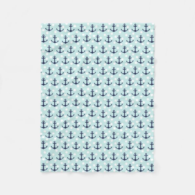 Nautical Mint Polka Dots And Navy Blue Anchors Fleece Blanket (Front)