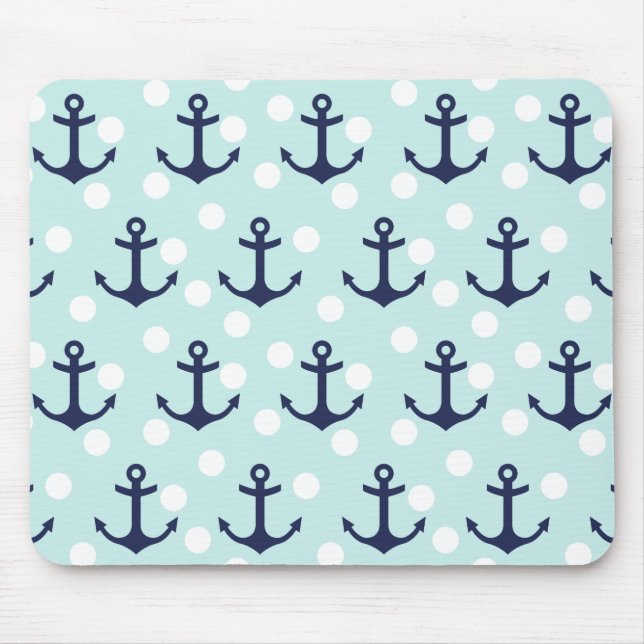 Nautical Mint Polka Dots And Navy Blue Anchors Mouse Pad (Front)