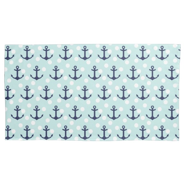 Nautical Mint Polka Dots And Navy Blue Anchors Pillowcase (Front)