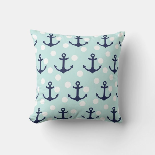 Nautical Mint Polka Dots And Navy Blue Anchors Throw Pillow (Front)