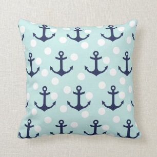Nautical Mint Polka Dots And Navy Blue Anchors Throw Pillow