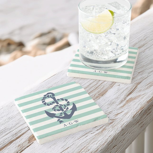 Nautical Mint Stripe & Navy Anchor Monogram Stone Coaster (Creator Uploaded)