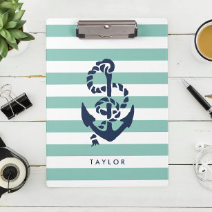 Nautical Mint Stripe & Navy Anchor Personalized Clipboard