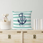 Nautical Mint Stripe & Navy Anchor Personalized Throw Pillow<br><div class="desc">Nautical throw pillow features a classic navy blue anchor and rope illustration on a mint green and white stripe background. Personalize with a name or text of your choice, or simply delete the sample text to leave blank. Perfect addition to nautical or beach themed nurseries. Coordinating accessories available in our...</div>