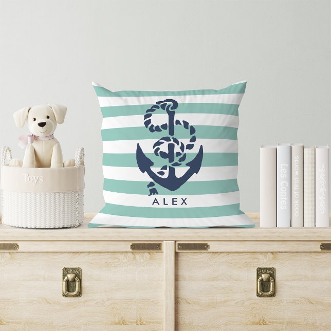 Nautical Mint Stripe & Navy Anchor Personalized Throw Pillow (Creator Uploaded)