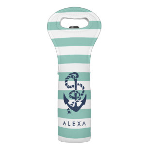Nautical Mint Stripe & Navy Anchor Personalized Wine Bag