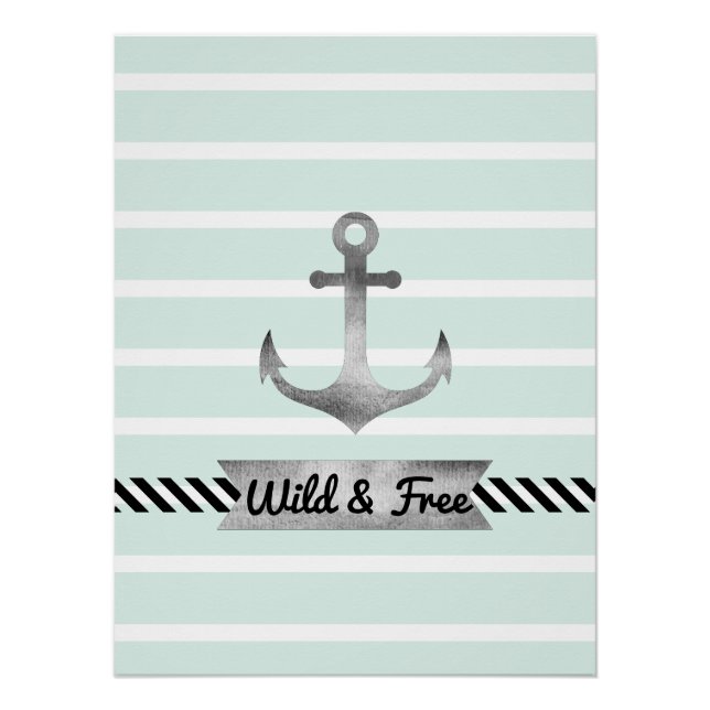 Nautical Mint Stripes Watercolor Anchor Custom Poster (Front)