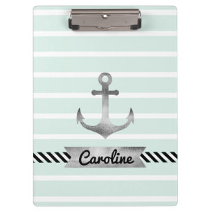 Nautical Mint Stripes Watercolored Anchor Clipboard