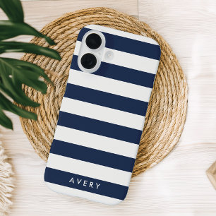 Nautical Modern Navy and White Stripe Personalized iPhone 16 Case