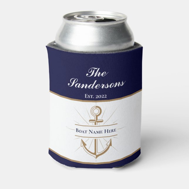 Nautical Modern Navy Blue Anchor Boat Name Can Cooler (Can Back)