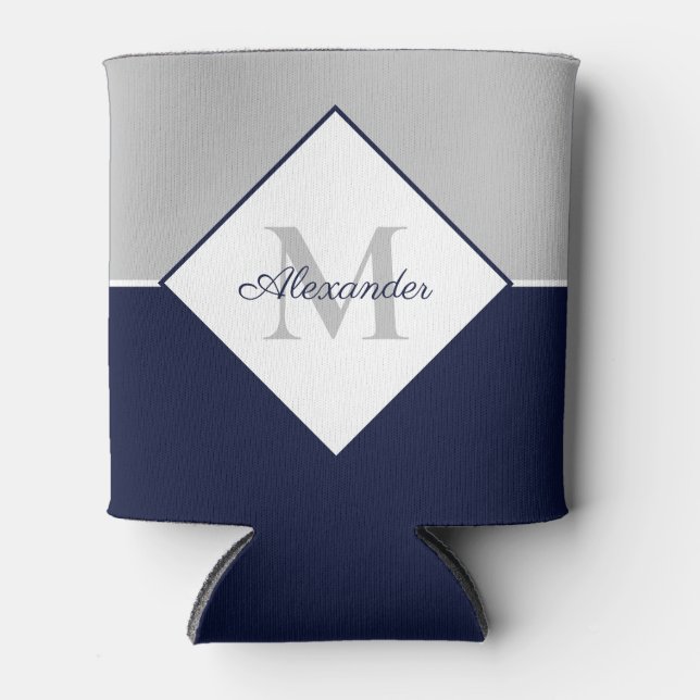 Nautical Modern Navy Blue Grey Monogram  Can Cooler (Front)