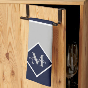 Nautical Modern Navy Blue Grey Monogram   Kitchen  Kitchen Towel