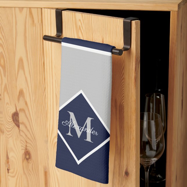 Nautical Modern Navy Blue Grey Monogram   Kitchen  Kitchen Towel (Thirds Fold)