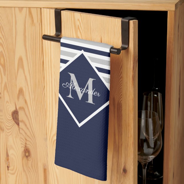 Nautical Modern Navy Blue Grey Monogram Kitchen Towel (Thirds Fold)