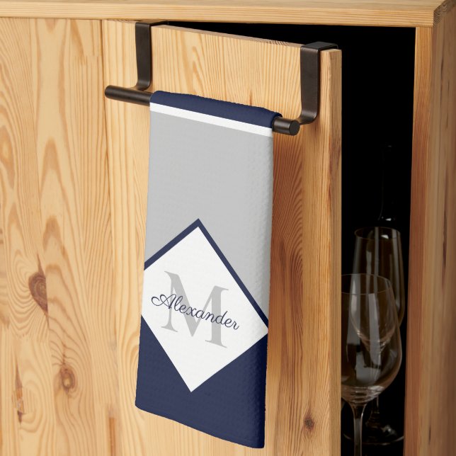 Nautical Modern Navy Blue Grey Monogram   Kitchen Towel (Thirds Fold)