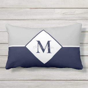 Nautical Modern Navy Blue Grey Monogram  Throw Pil Lumbar Pillow