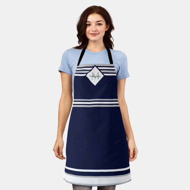 Nautical Modern Navy Blue Grey Stripes Monogram    Apron (Worn)