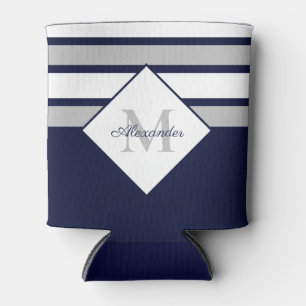 Nautical Modern Navy Blue Grey Stripes Monogram  Can Cooler