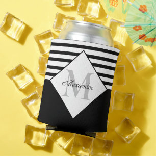 Nautical Modern Navy Blue Grey Stripes Monogram  Can Cooler