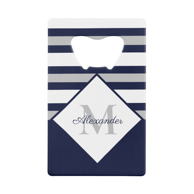 Nautical Modern Navy Blue Grey Stripes Monogram   Credit Card Bottle Opener (Front)