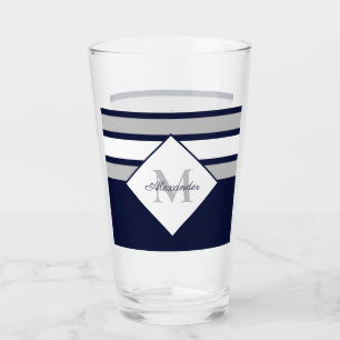 Nautical Modern Navy Blue Grey Stripes Monogram  Glass