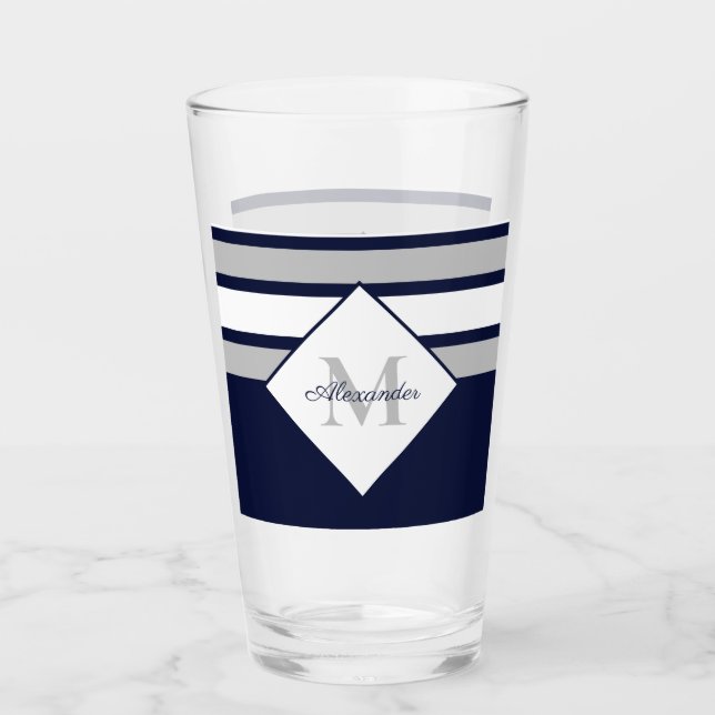 Nautical Modern Navy Blue Grey Stripes Monogram  Glass (Front)