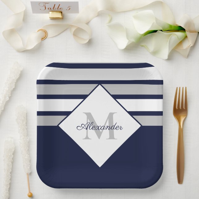 Nautical Modern Navy Blue Grey Stripes Monogram Paper Plate (Wedding)