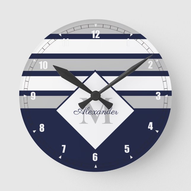 Nautical Modern Navy Blue Grey Stripes Monogram Round Clock (Front)