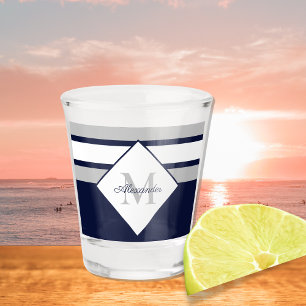 Nautical Modern Navy Blue Grey Stripes Monogram Shot Glass