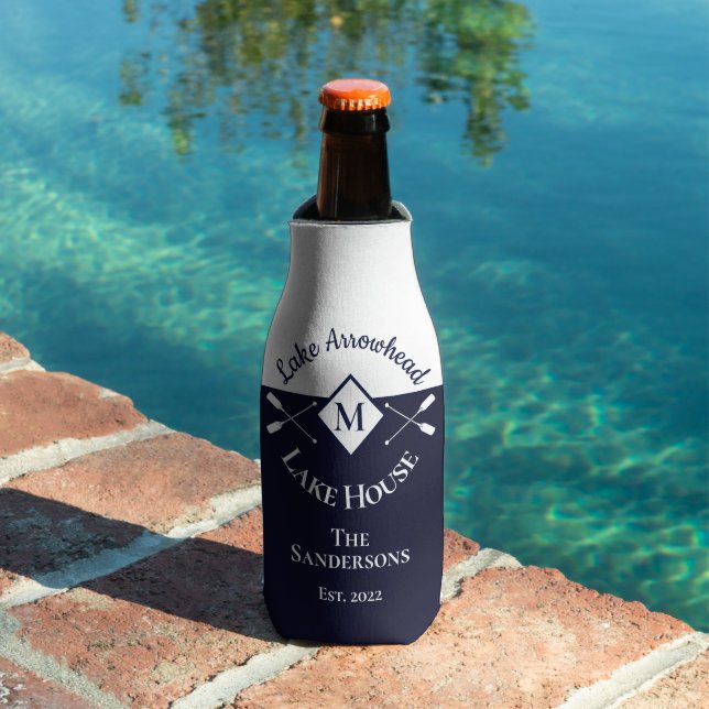 Nautical Modern Navy Blue Monogram Lake House Bottle Cooler (In Situ Pool)