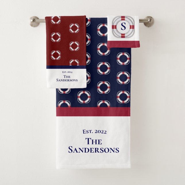 Nautical Modern Navy Blue Monogram Life Preserver Bath Towel Set (Insitu)