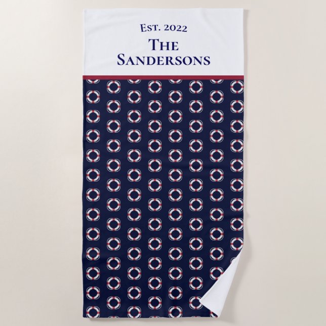 Nautical Modern Navy Blue Monogram Life Preserver Beach Towel (Front)