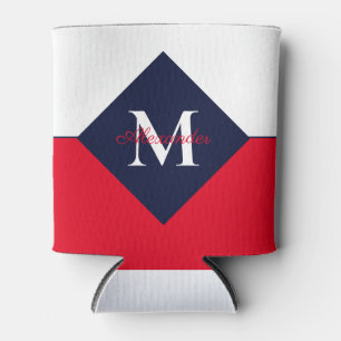 Nautical Modern Navy Blue Red Monogram Can Cooler