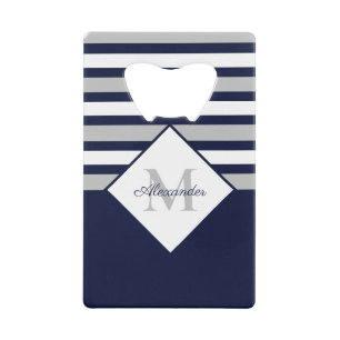 Nautical Modern Navy Blue, White Striped Grey  Credit Card Bottle Opener