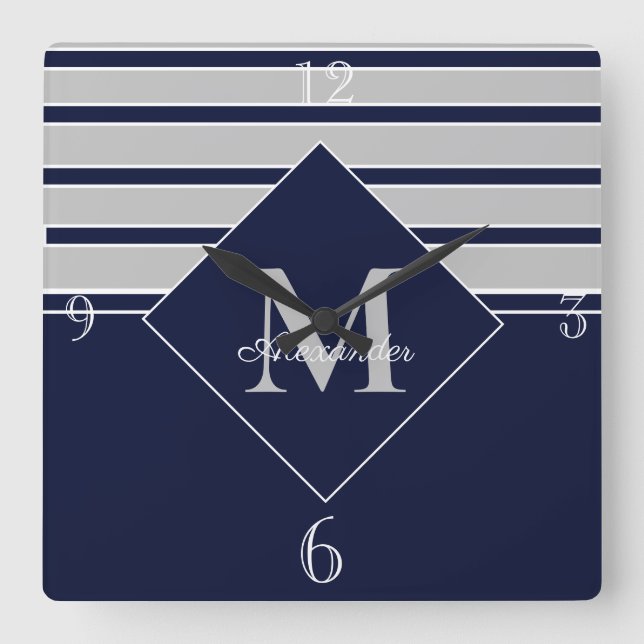 Nautical Modern Navy Grey monogramMonogrammed Red  Square Wall Clock (Front)