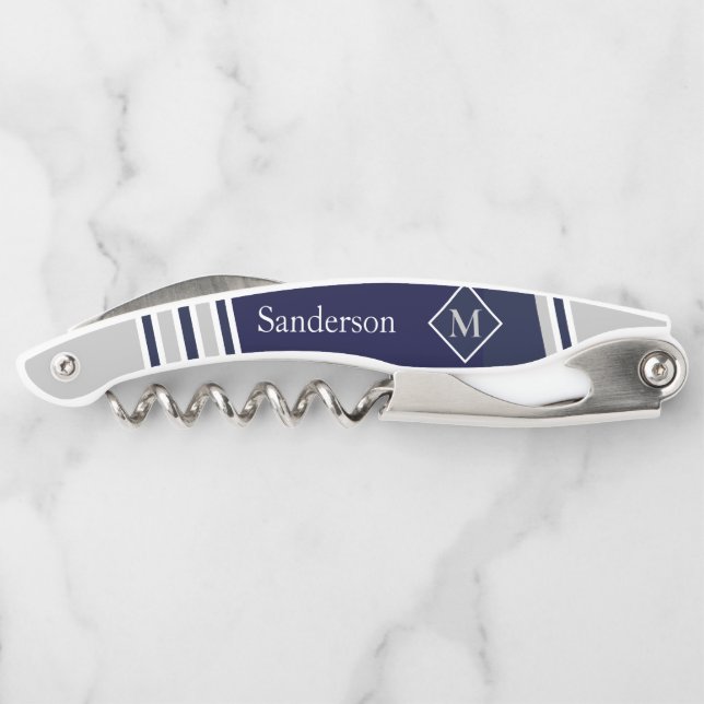 Nautical Modern Navy , White Striped Grey Monogram Corkscrew (Back)