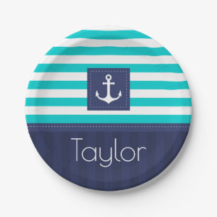 Nautical Modern Striped Anchor Design Personalized Paper Plate
