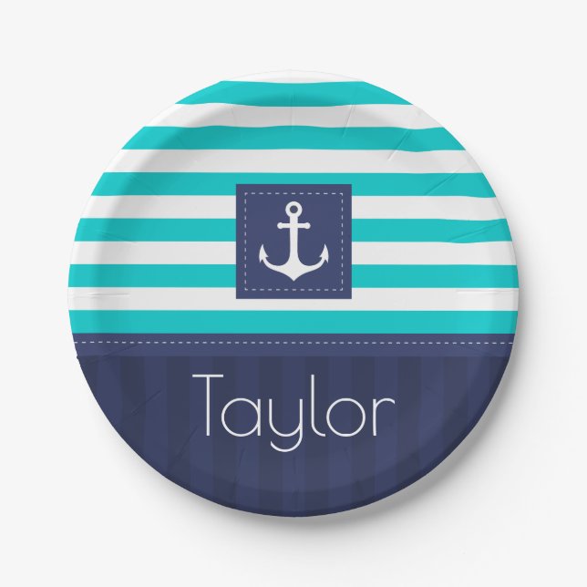 Nautical Modern Striped Anchor Design Personalized Paper Plate (Front)