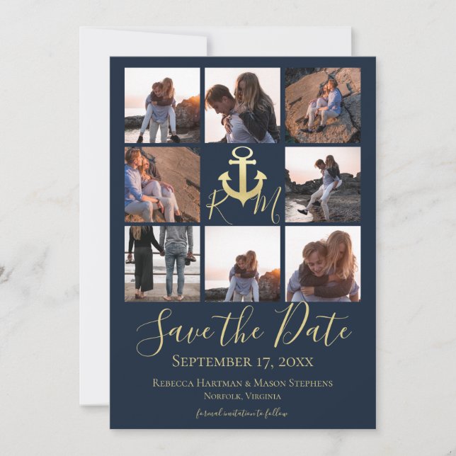 Nautical Monogram Anchor Navy Blue Multi Photo Save The Date (Front)
